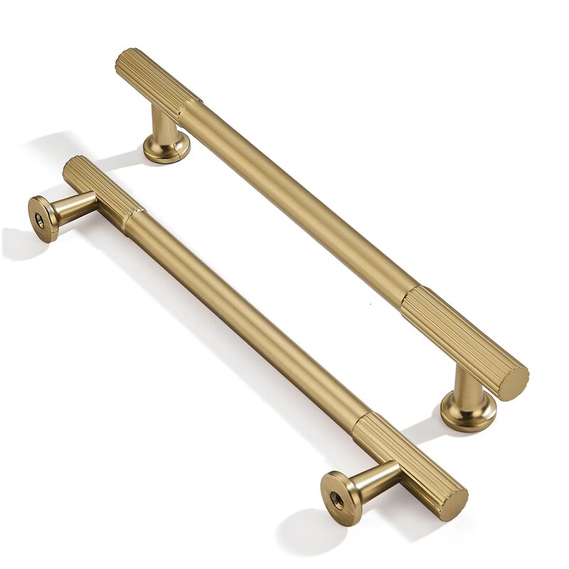 khtumeware 6 Inch Hole Center 10 Pack Brushed Brass Heavy Duty Solid Warm Brass Cabinet Pulls, Kitchen Drawer Handles, for Dress