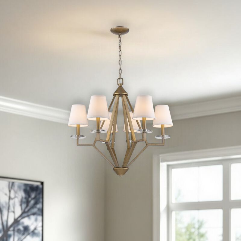Hivvago Gold Candle Style Six Light Metal and Crystals Dimmable Chandelier With White Shades