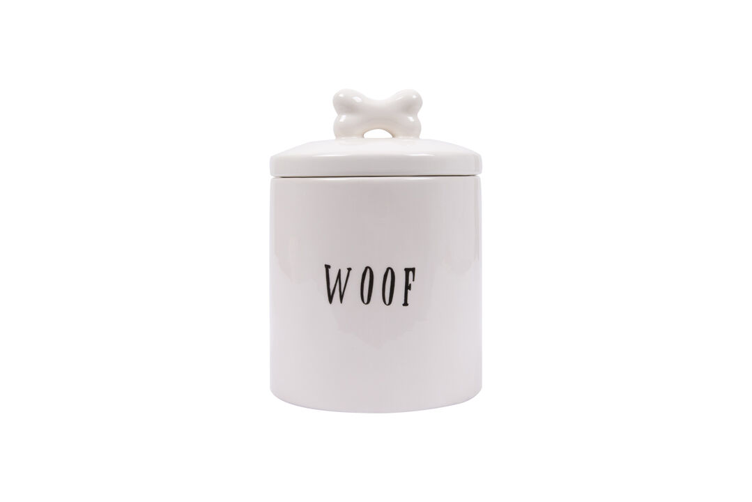 Farmhouse Ceramic Jar with "Woof" Message and Lid with Bone, White and Black