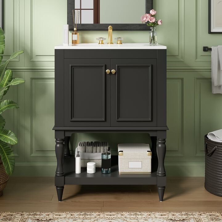 ELEMENT ACE Bathroom Vanity with Ceramic Sink, Bathroom Storage Cabinet with Open Shelf and Drawers for Functional Bathroom Organization and Decor