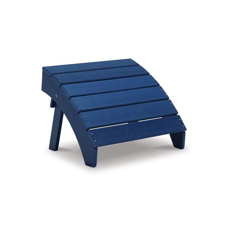 Suen 20 Inch Ottoman Footrest, Outdoor Blue Sloped Slatted Style, Steel - Benzara