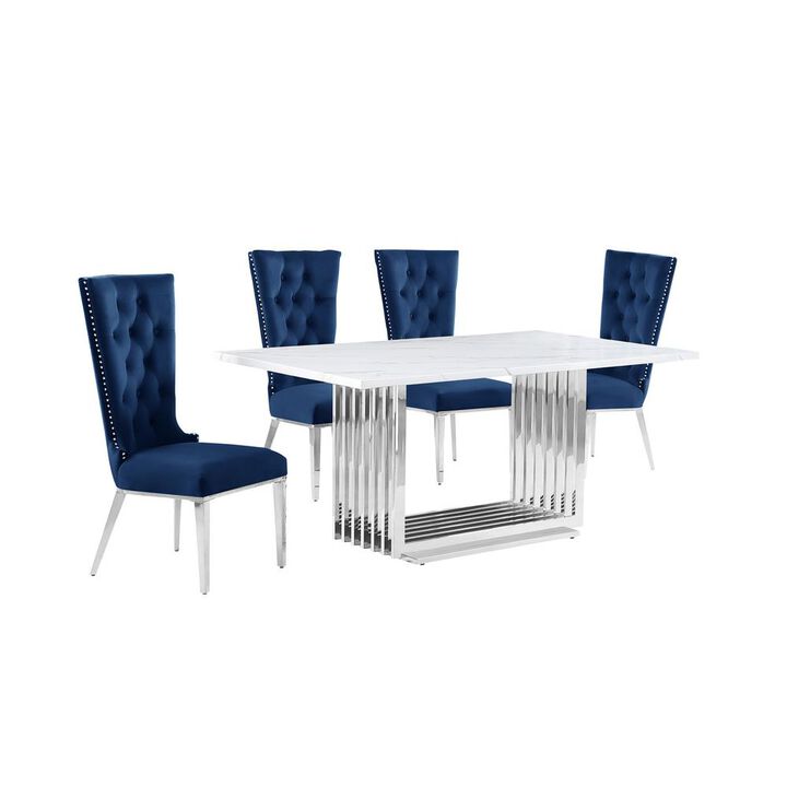 5pc Small(68") marble top dining set with silver base and 4 Navy Blue chairs