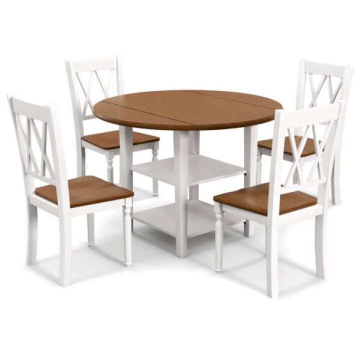 5 Piece Round Kitchen Dining Set with Drop Leaf Table Top