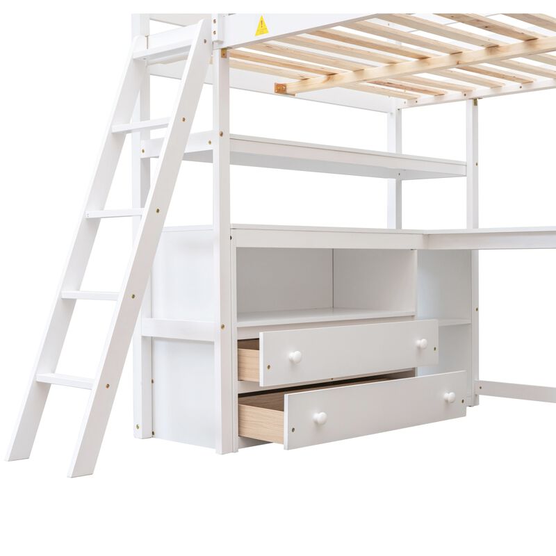 Full Size Loft Bed with Desk and Shelves,Two Built-in Drawers,White