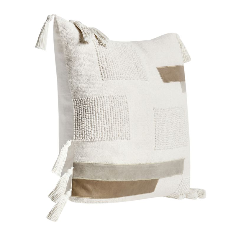 Throw Pillow, Tasseled Edges with Embroidery, 22 Inch Ivory Fabric - Benzara