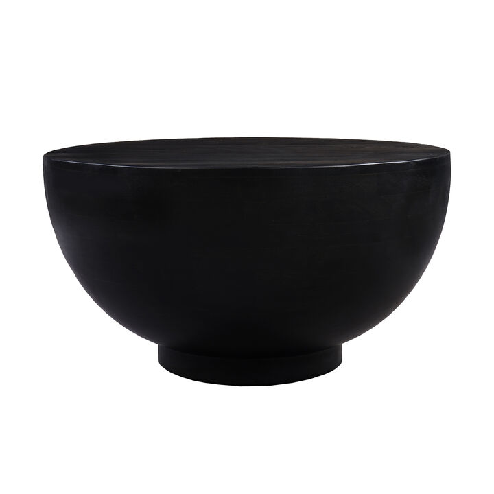 30 Inch Modern Art Coffee Table, Round Drum Shape, Solid Mango Wood, Matte Black