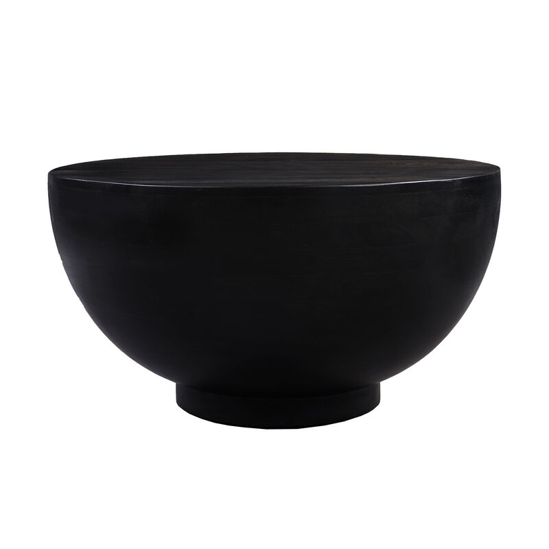 30 Inch Modern Art Coffee Table, Round Drum Shape, Solid Mango Wood, Matte Black