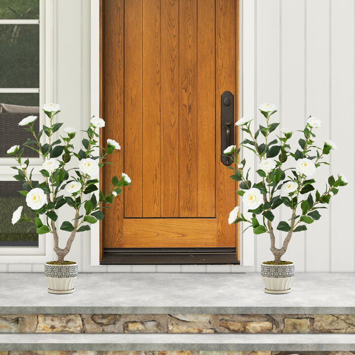2 Pack Faux Camellia Flower Trees with Blooming Flowers for Home Decor