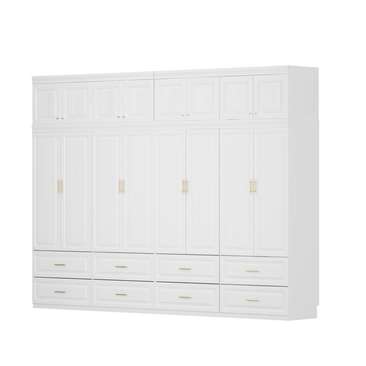 FUFU&GAGA Modern 8-Door Wardrobe with Drawers & Overhead Cabinet, Large Capacity Hidden Storage, Integrated Hanging & Shelving (126 in. W x 20.6 in. D x 93.9 in. H), White