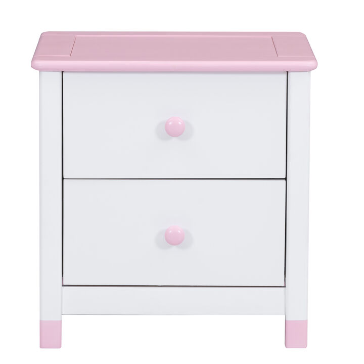 Wooden Nightstand with Two Drawers for Kids,End Table for Bedroom,White+Pink