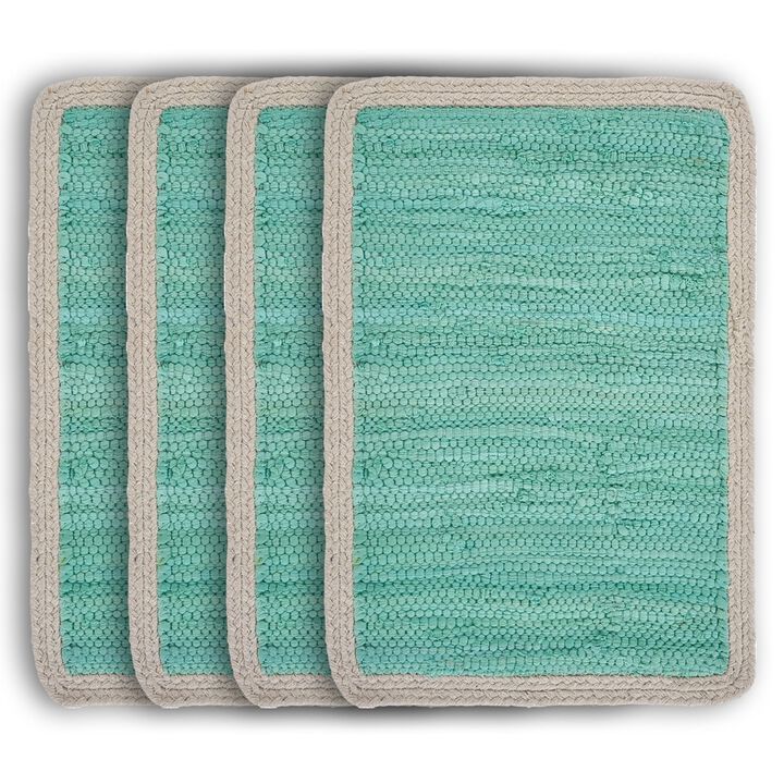 HomeRoots 19" Set of Four Turquoise and Natural Solid With Border Cotton Placemats