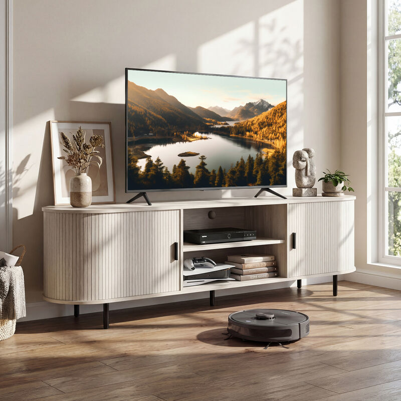 Modern Entertainment Center TV Stand with Fluted Sliding Doors image number 1
