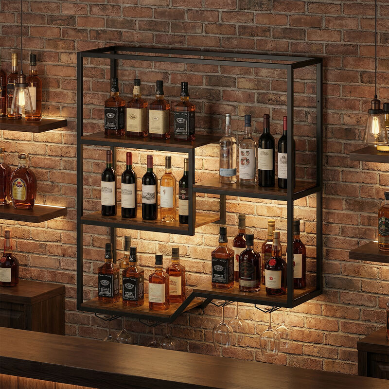 Rustic Brown 5-Tier Hanging Wine Rack with Bottle Shelf and Glass Holder image number 4