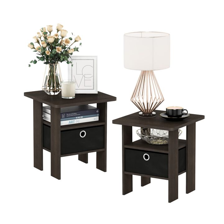 FurinnoFurinno Andrey Set of 2 End Table / Side Table / Night Stand / Bedside Table with Bin Drawer, Dark Brown/Black