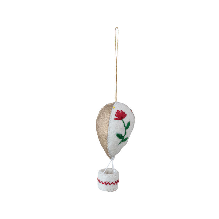 Handmade Cotton Canvas Hot Air Balloon Ornament with Embroidered Flowers, Multicolor
