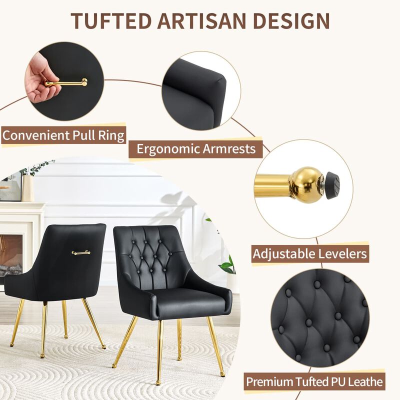 Set of 2 Faux Leather Dining Chairs Diamond Tufted Open Back Side Chairs with Metal Handle Spring and Foam Cushioned Accent Chairs image number 5