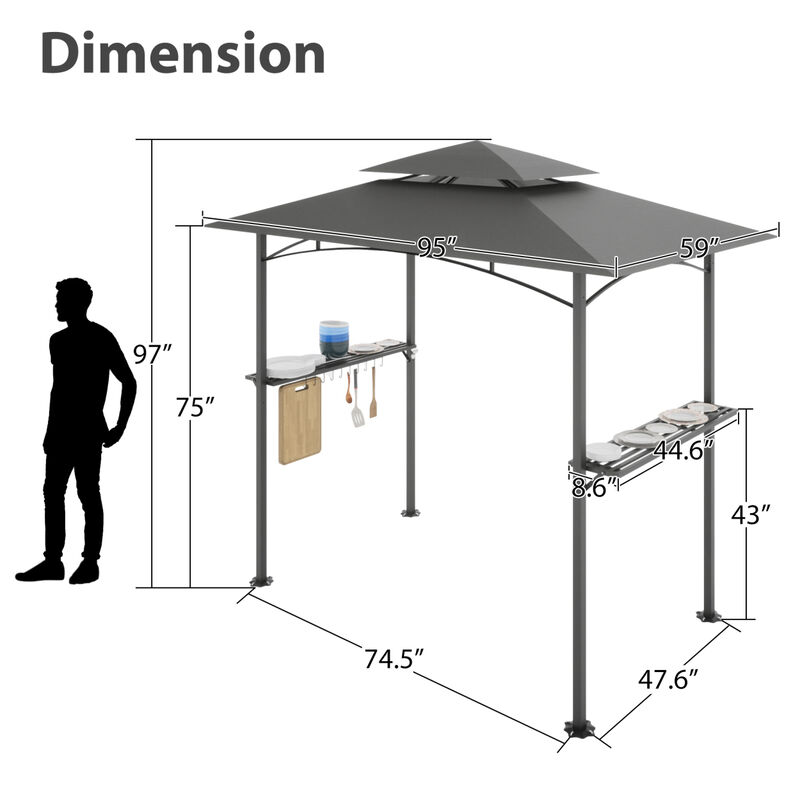 8x 5 FT Grill Gazebo Grill Canopy Double Tiered BBQ Gazebo Outdoor BBQ Canopy, Gray image number 5