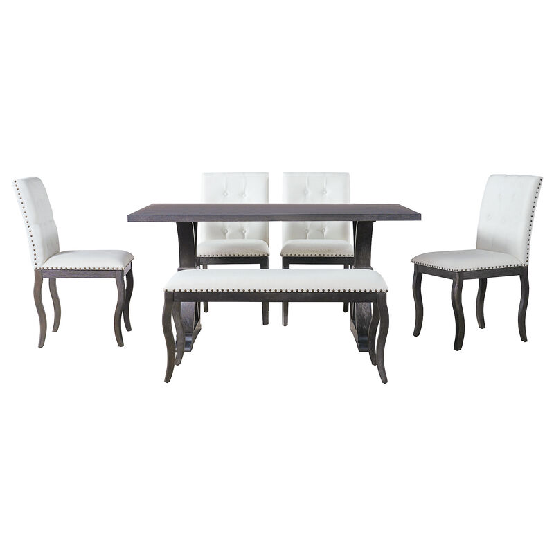 Whisen 6-Piece Dining Set with Bench, Farmhouse Natural Oak Table w/ 4 Upholstered Button Tufted Chairs, Solid Wood & MDF Kitchen Furniture image number 0