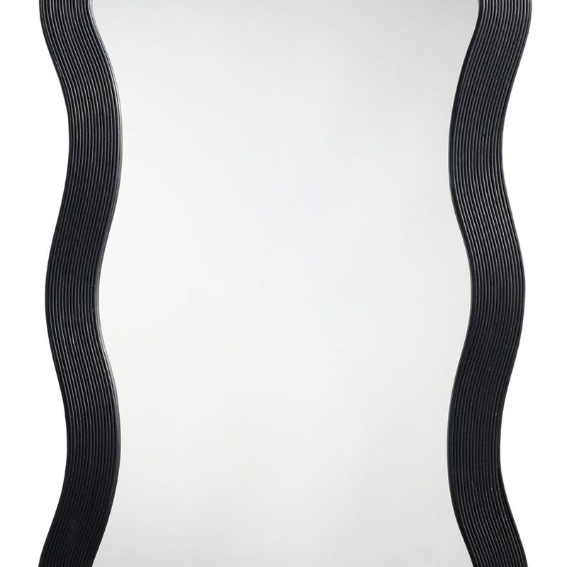 Lery Wall Mirror, 38 Inch Wavy Frame, Boho Style Black Natural Bamboo - Benzara
