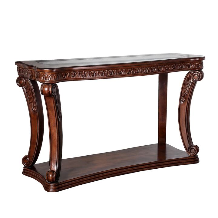 Traditional Sofa Table with Cabriole Legs and Wooden Carving, Brown