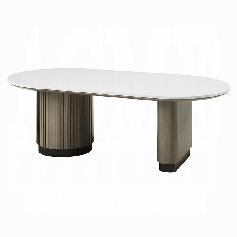 Jeh Coffee Table, 55 Inch White Oval Top, Dual Pedestal Base, Oak Brown image number 3