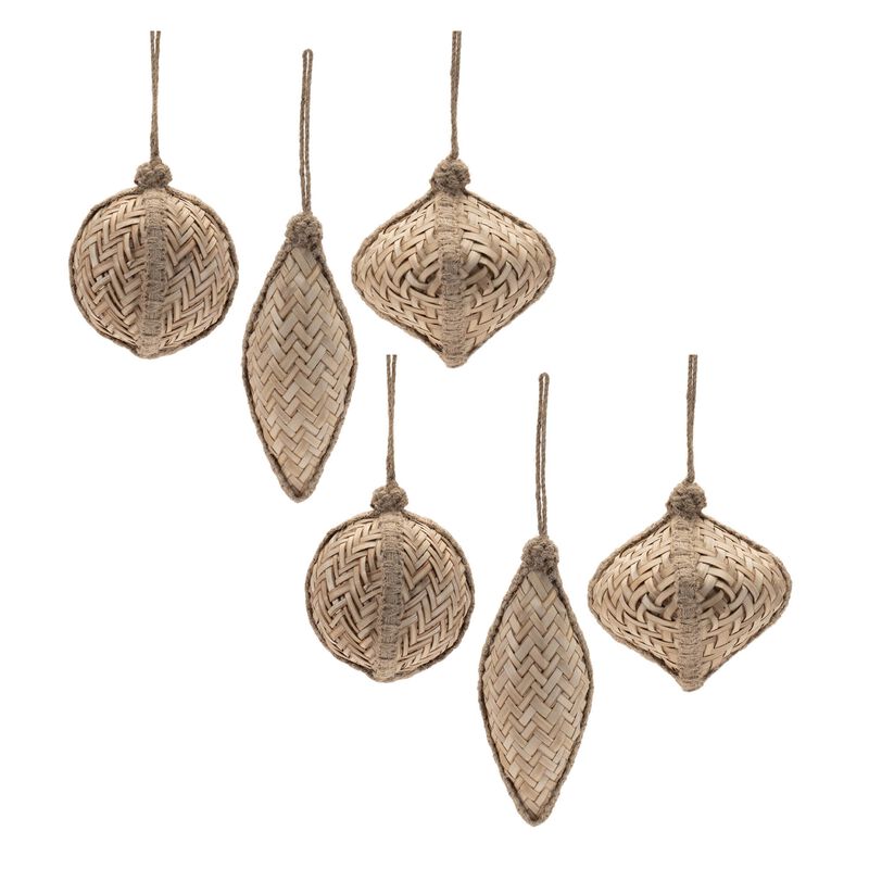 Set of 6 Natural Wicker Ornaments with Woven Texture for Seasonal Tree Decor