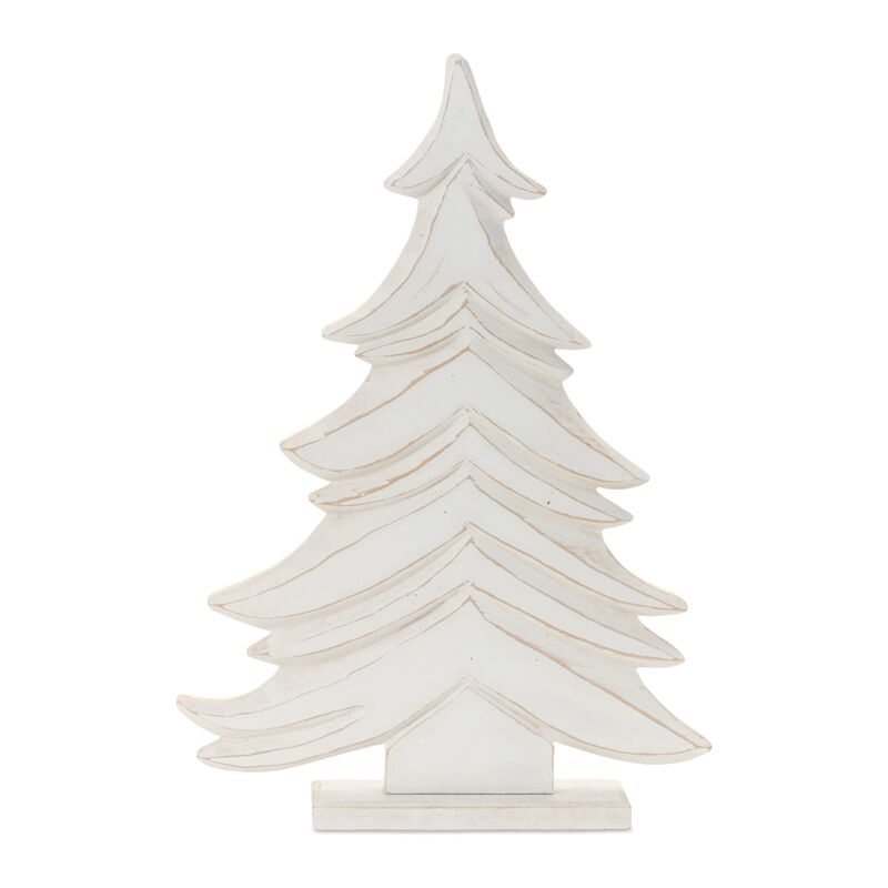 Set of 2 Carved Wood Pine Trees for Holiday Mantel, Shelf, or Tabletop Display