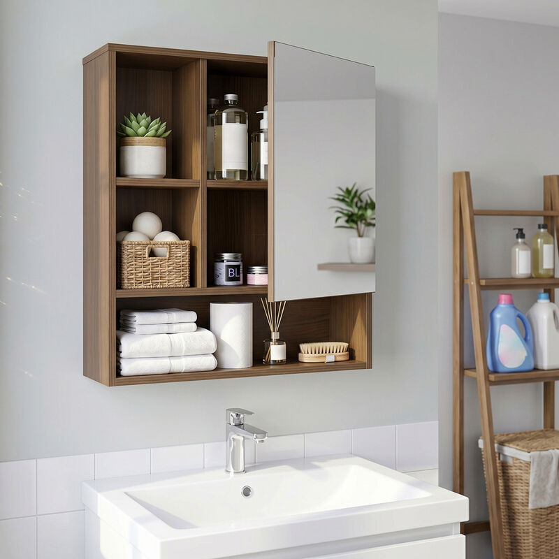 Bathroom Wall Mirror Cabinet with 2 Hidden Shelves and 3 Open Cubbies image number 2