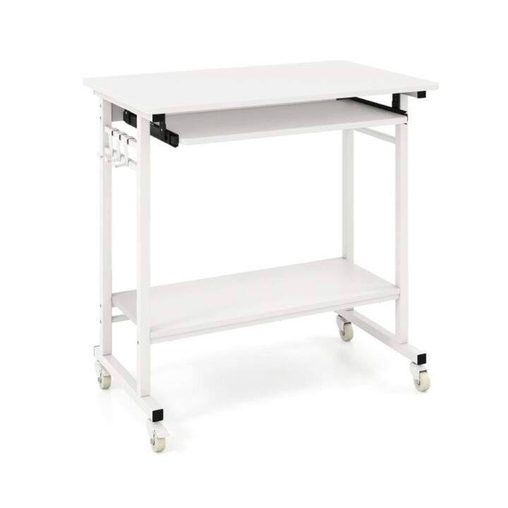 Rolling Computer Table with Keyboard Tray and Storage Hooks