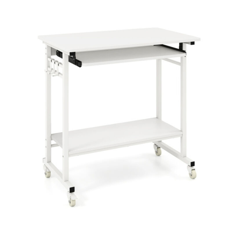 Rolling Computer Table with Keyboard Tray and Storage Hooks image number 0