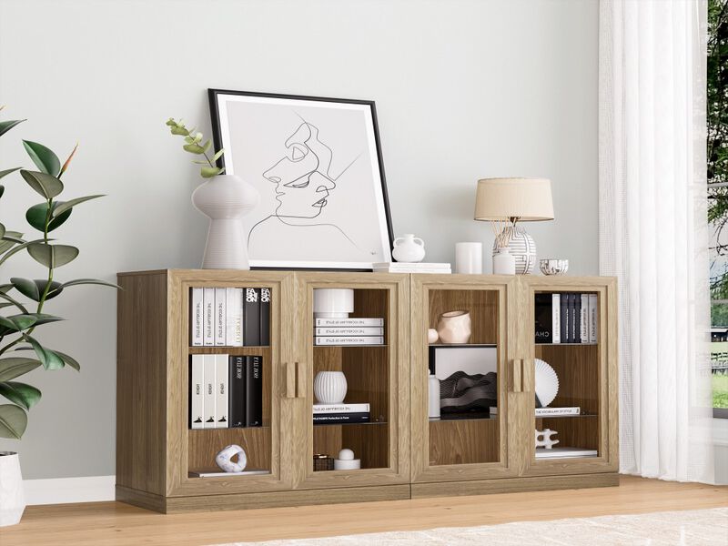 2-Piece Modern Minimalist Glass Door Wood Grain Edge Cabinet, Multifunctional Storage 3-Layer Shelf