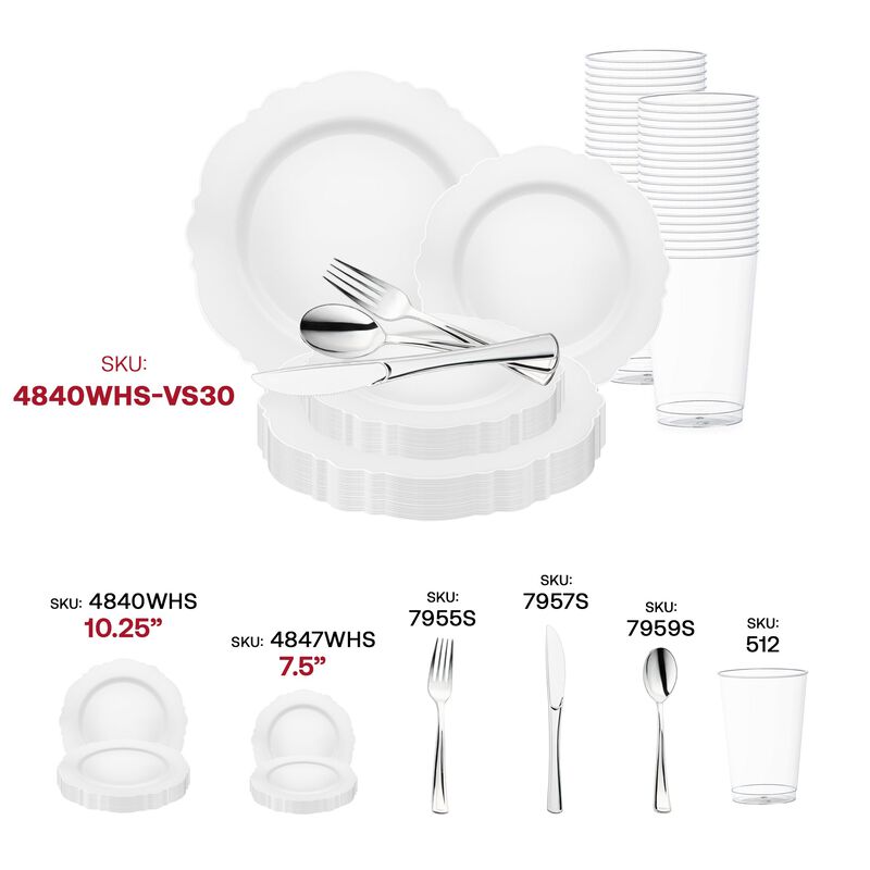 White with Silver Rim Round Blossom Plastic Wedding Value Set (30 Sets) image number 5