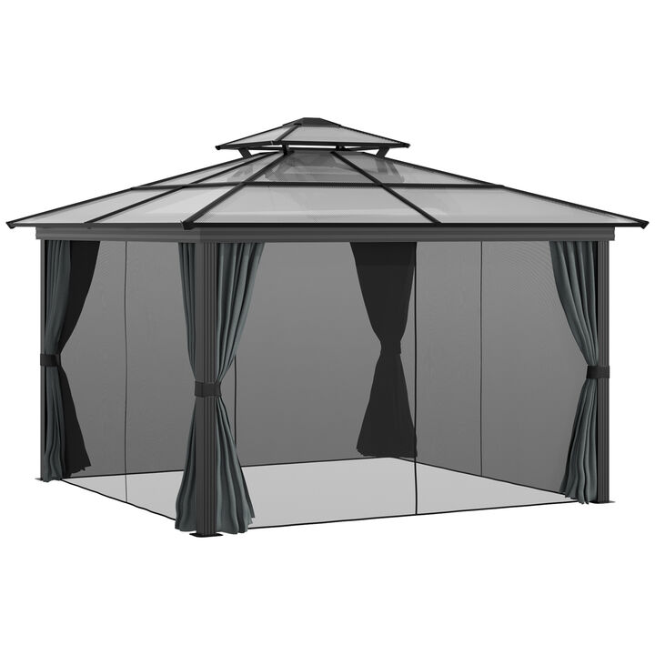 Outsunny 10' x 10' Hardtop Gazebo Canopy with Polycarbonate Double Roof, Aluminum Frame, Permanent Pavilion Outdoor Gazebo with Netting and Curtains for Patio, Garden, Backyard, Deck, Lawn, Black