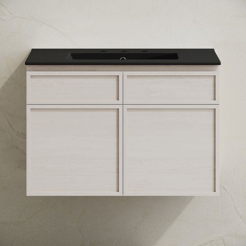 30" Wall-Mounted Bathroom Vanity in White Oak, Black 3-Hole Widespread Sink Top image number 4