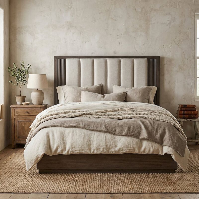 Upholstered Caffe Headboard with Modern Panel Design and Mounting Hardware image number 1