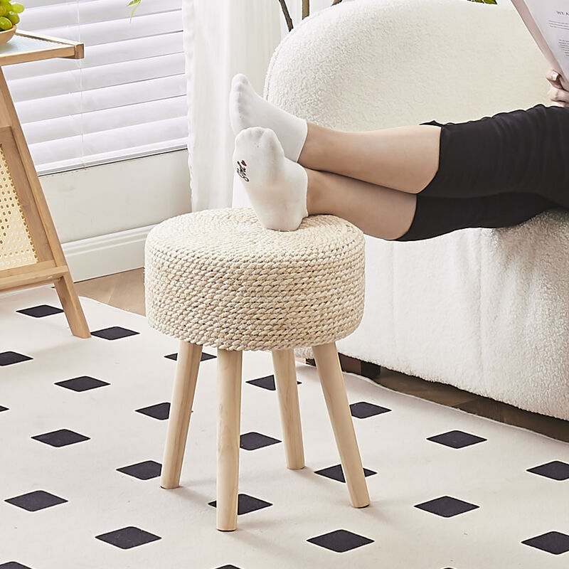 Round Seagrass Ottoman Footstool with Solid Wood Legs, Handwoven Hyacinth Pouf