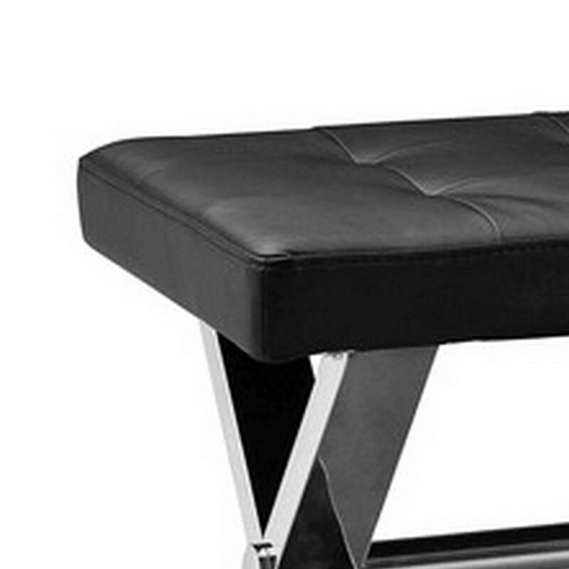 55 Inch Bench, Tufted Cushioned Seat, Smooth Black Faux Leather Upholstery - Benzara