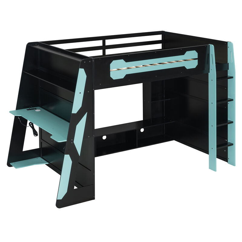 Merax Full Size Wood Loft Bed with Desk, Multi-storage Shelves and RGB Light image number 0