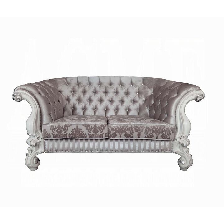 Kai Loveseat, 5 Pillows, Tufted Ivory Fabric, Scrolled, White, 76 Inch - Benzara - Benzara