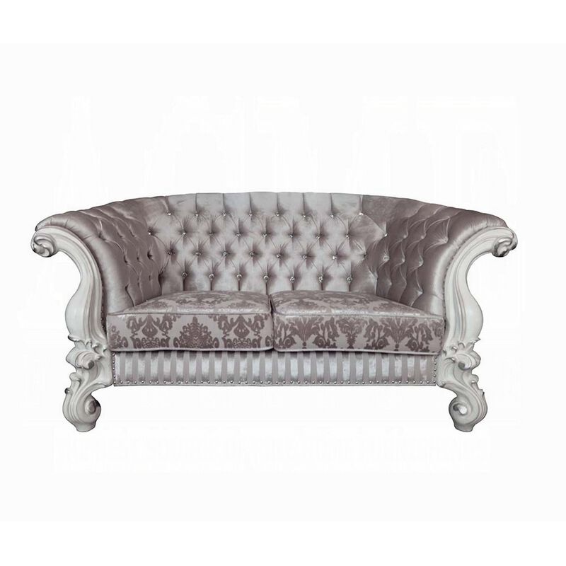 Kai Loveseat, 5 Pillows, Tufted Ivory Fabric, Scrolled, White, 76 Inch - Benzara - Benzara