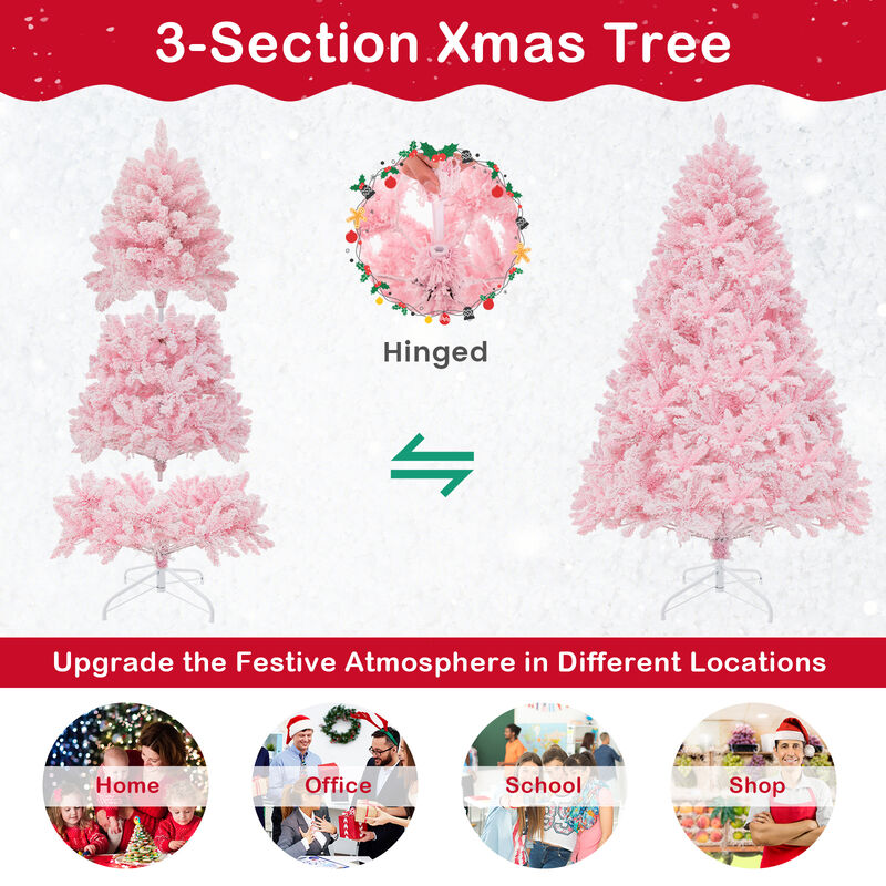 Flocked Artificial Xmas Tree Hinged with 350 LED Lights for Snowy, Bright Holiday Decor