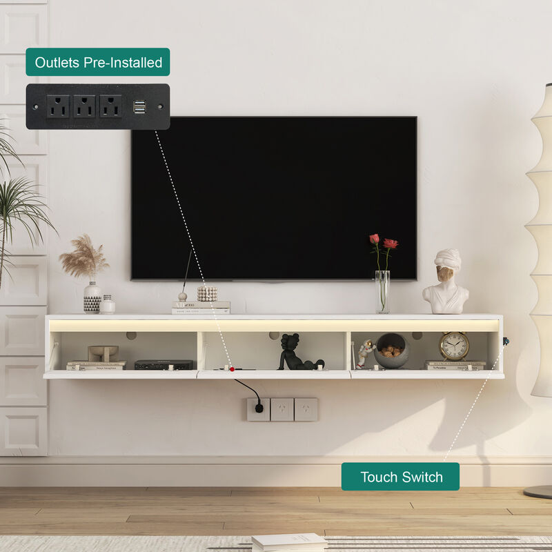 GOODSILO Floating TV Stand with LED Lights and Power Outlet, High Gloss Wall Mounted Storage Cabinet for Living Room Entertainment image number 7