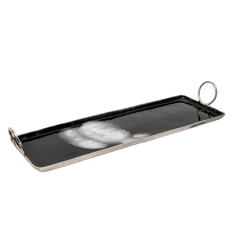 Tray with Metal and Ring Handles, Black and Silver - Benzara image number 0