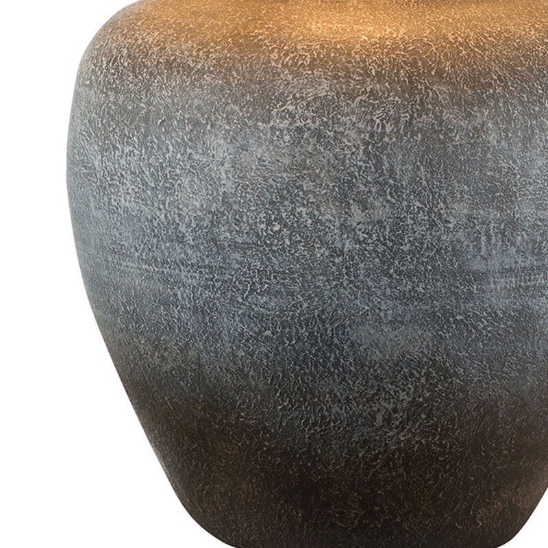 Buen 28 Inch Hydrocal Table Lamp, Drum Shade, Urn Base, Gray Rust Frost - Benzara