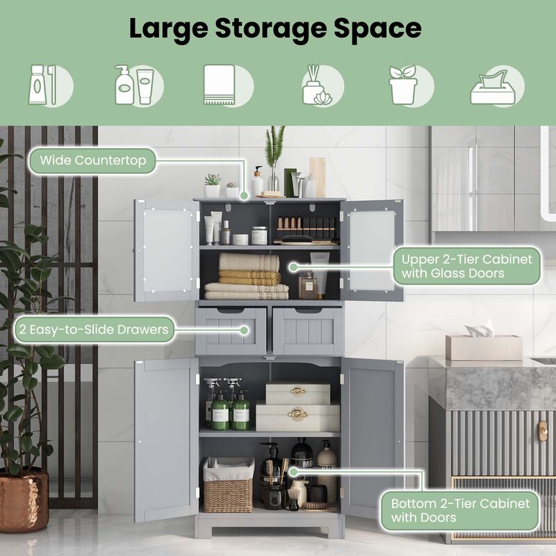 Costway Bathroom Floor Storage Cabinet Kitchen Cupboard with 2 Drawers & Glass Doors Grey