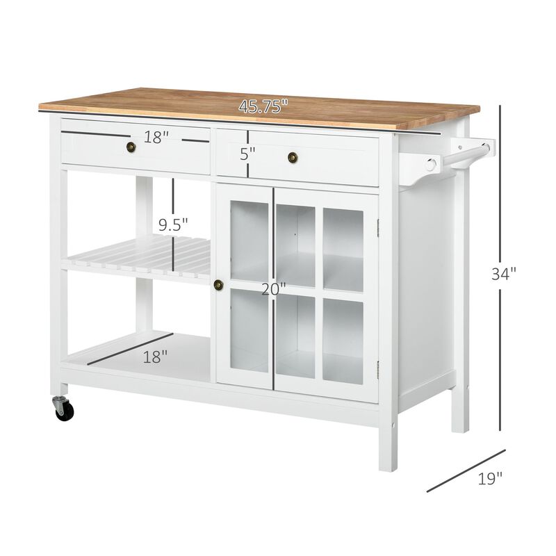 Rolling Kitchen Island with Storage, Kitchen Cart with Solid Wood Top, Glass Door Cabinet, Adjustable Shelf, Towel Rack, 2 Drawers for Dining Room, White