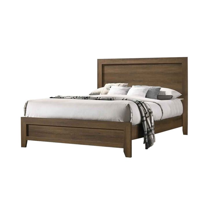 Transitional Style Wooden Eastern King Bed with Raised Molding Trim, Brown-Benzara