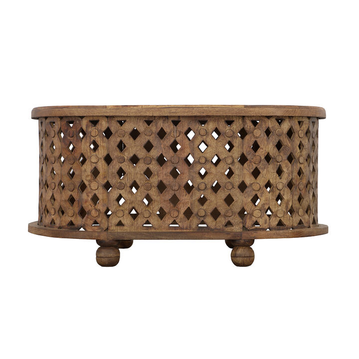 36 Inch Handcrafted Oval Coffee Table, Intricate Cutout Design, Antique Brown-Benzara