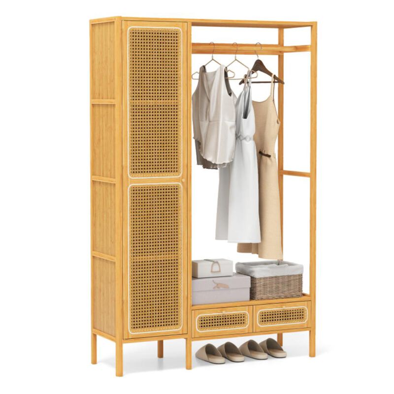 Hivvago Bamboo Clothing Rack with Cabinet and Drawers and Hanging Rod