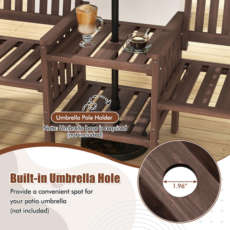 Outdoor Fir Wood Loveseat with 2-Tier Side Table and Umbrella Hole
